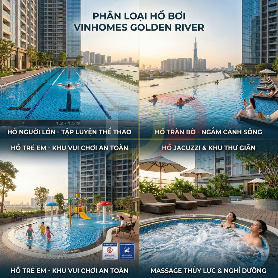 Các loại hồ bơi Vinhomes Golden River gồm hồ người lớn, hồ tràn bờ, hồ trẻ em và hồ jacuzzi thư giãn