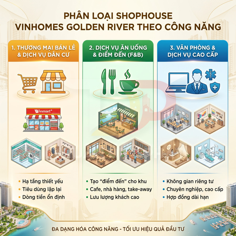 Phân loại shophouse Vinhomes Golden River theo công năng thương mại bán lẻ, dịch vụ ăn uống và văn phòng cao cấp