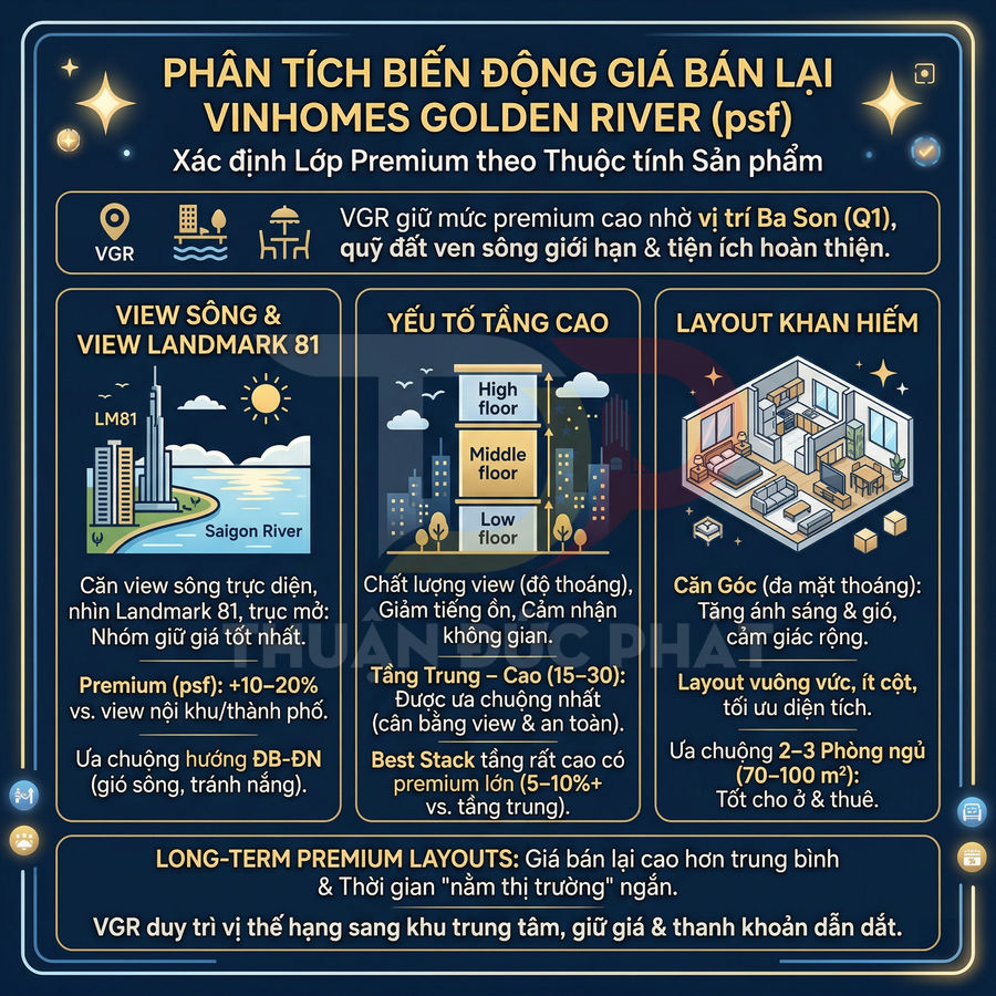 Infographic phân tích biến động giá bán lại căn hộ Vinhomes Golden River theo view, tầng cao và layout khan hiếm