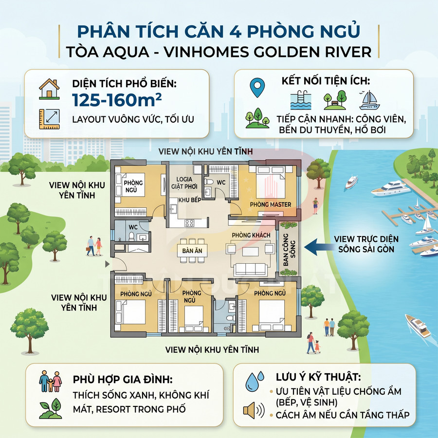 Mặt bằng căn hộ 4 phòng ngủ tòa Aqua Vinhomes Golden River, diện tích 125-160m2, view sông Sài Gòn và nội khu yên tĩnh