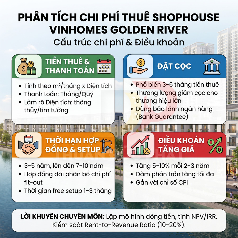 Infographic phân tích chi phí thuê shophouse Vinhomes Golden River với tiền thuê, đặt cọc, thời hạn hợp đồng và điều khoản tăng giá