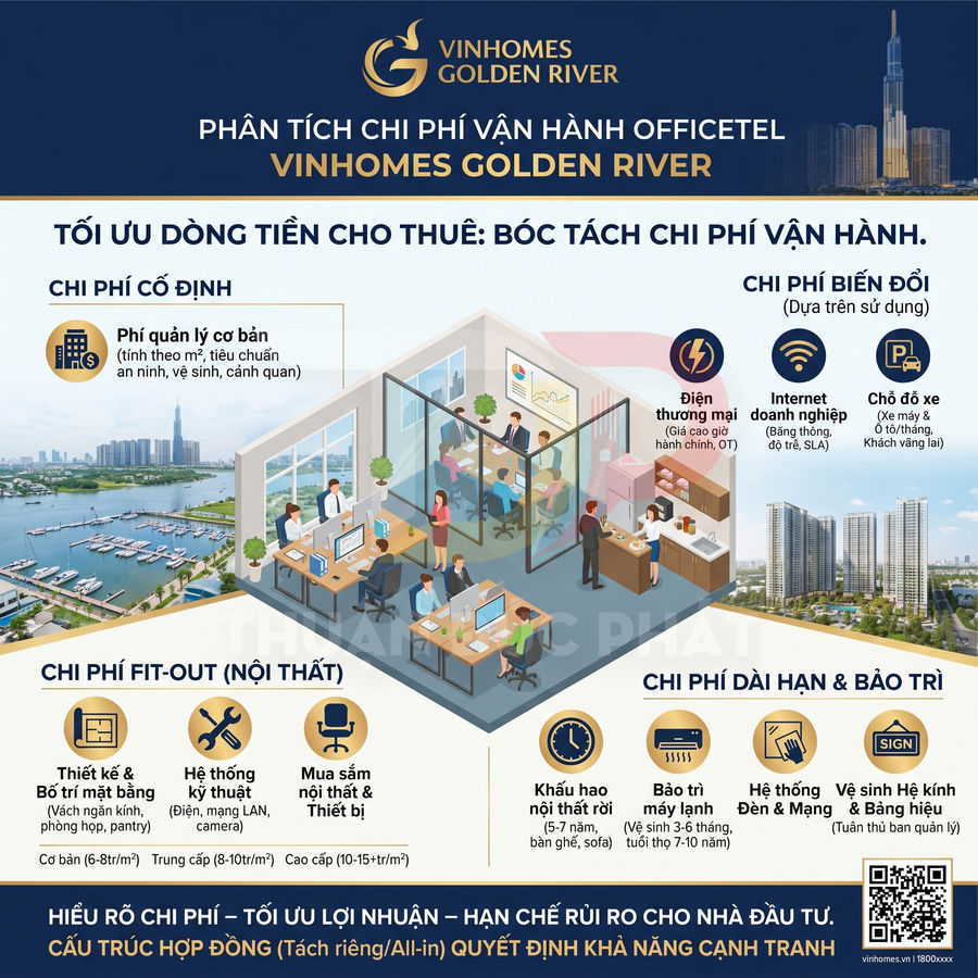 Infographic phân tích chi phí vận hành officetel Vinhomes Golden River với các hạng mục chi phí và hình ảnh văn phòng hiện đại