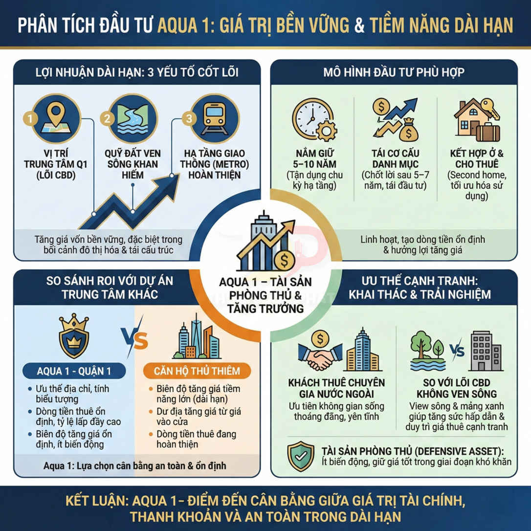 Infographic phân tích đầu tư dự án căn hộ Aqua 1 tại trung tâm Quận 1 với lợi nhuận dài hạn và ưu thế cạnh tranh