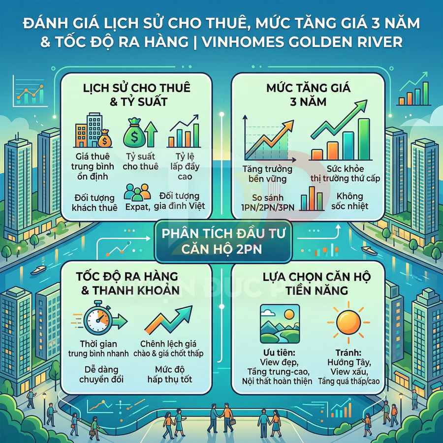 Infographic phân tích đầu tư căn hộ 2PN Vinhomes Golden River về cho thuê, tăng giá 3 năm và tốc độ ra hàng