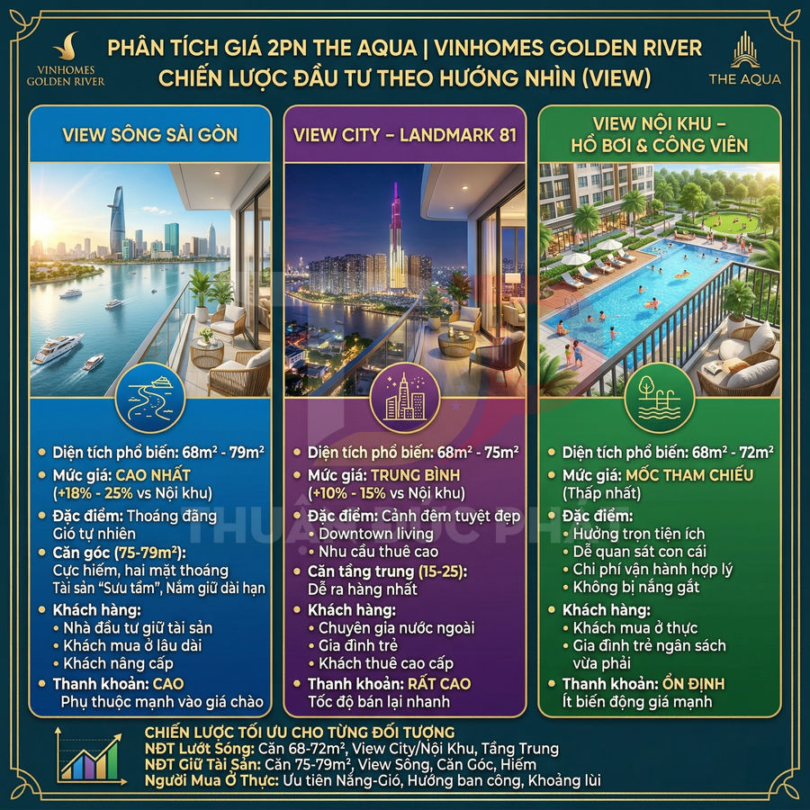 Infographic phân tích giá căn hộ 2PN The Aqua Vinhomes Golden River theo các loại view sông, city Landmark 81 và nội khu