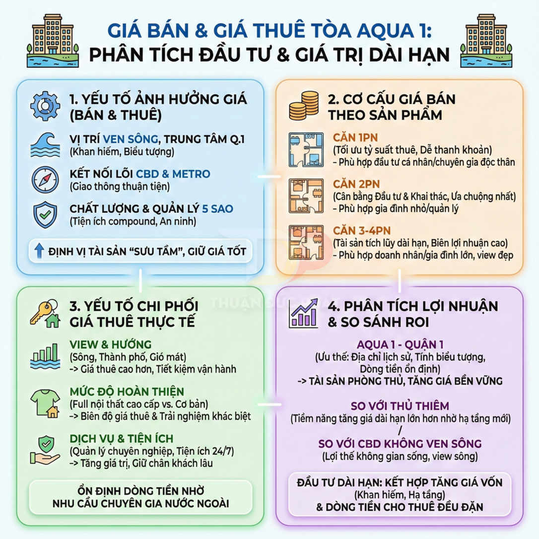 Infographic phân tích giá bán, giá thuê và lợi nhuận đầu tư căn hộ tòa Aqua 1 ven sông tại trung tâm Quận 1