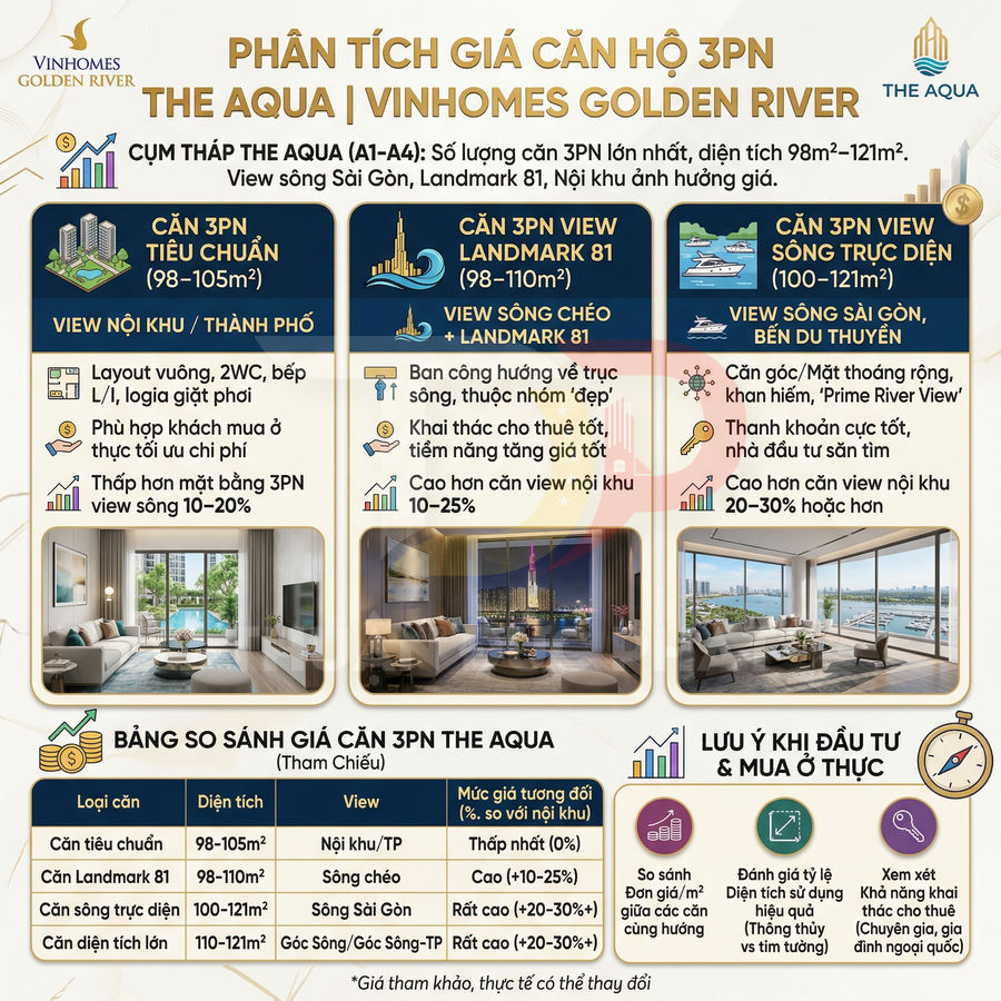 Phân tích giá căn hộ 3 phòng ngủ The Aqua Vinhomes Golden River với so sánh view và diện tích chi tiết