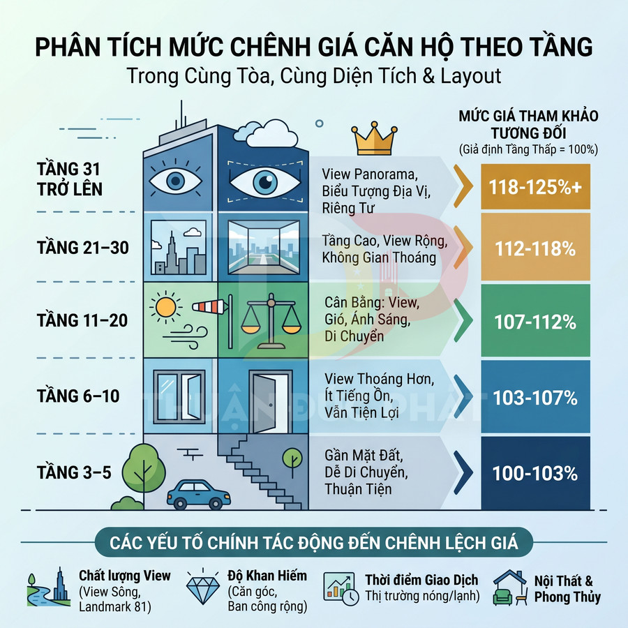 Infographic phân tích mức chênh giá căn hộ theo tầng trong cùng tòa nhà và các yếu tố ảnh hưởng giá