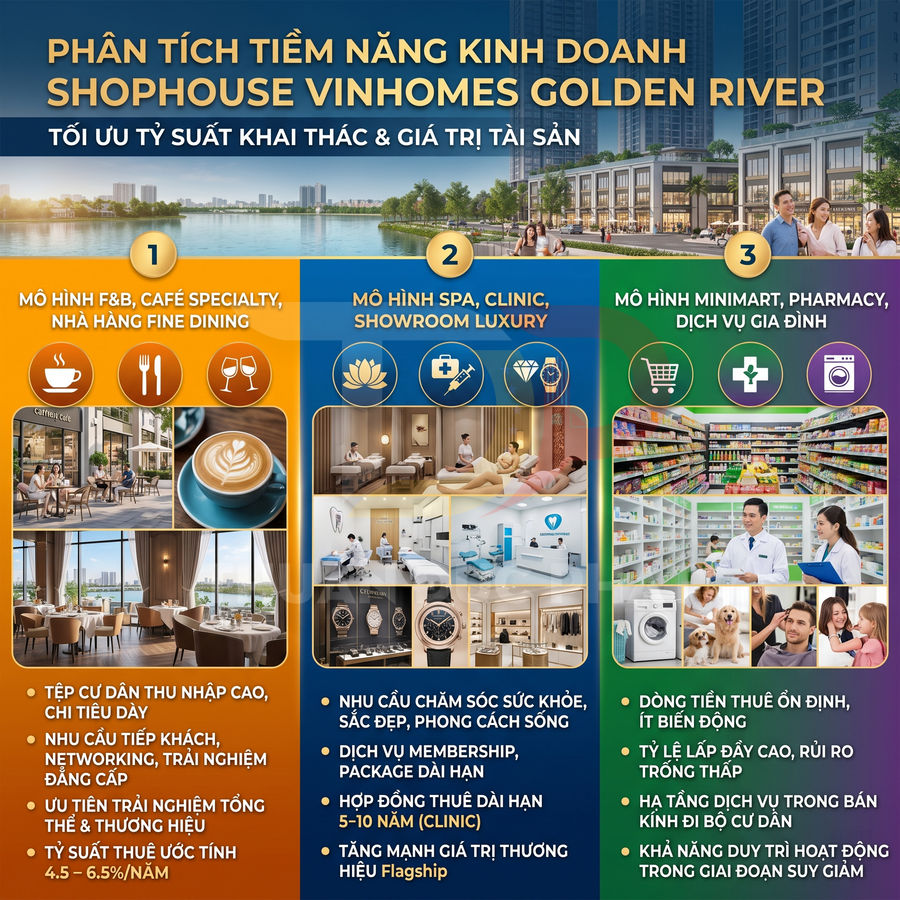 Infographic phân tích mô hình kinh doanh shophouse Vinhomes Golden River với F&B, spa clinic và minimart pharmacy