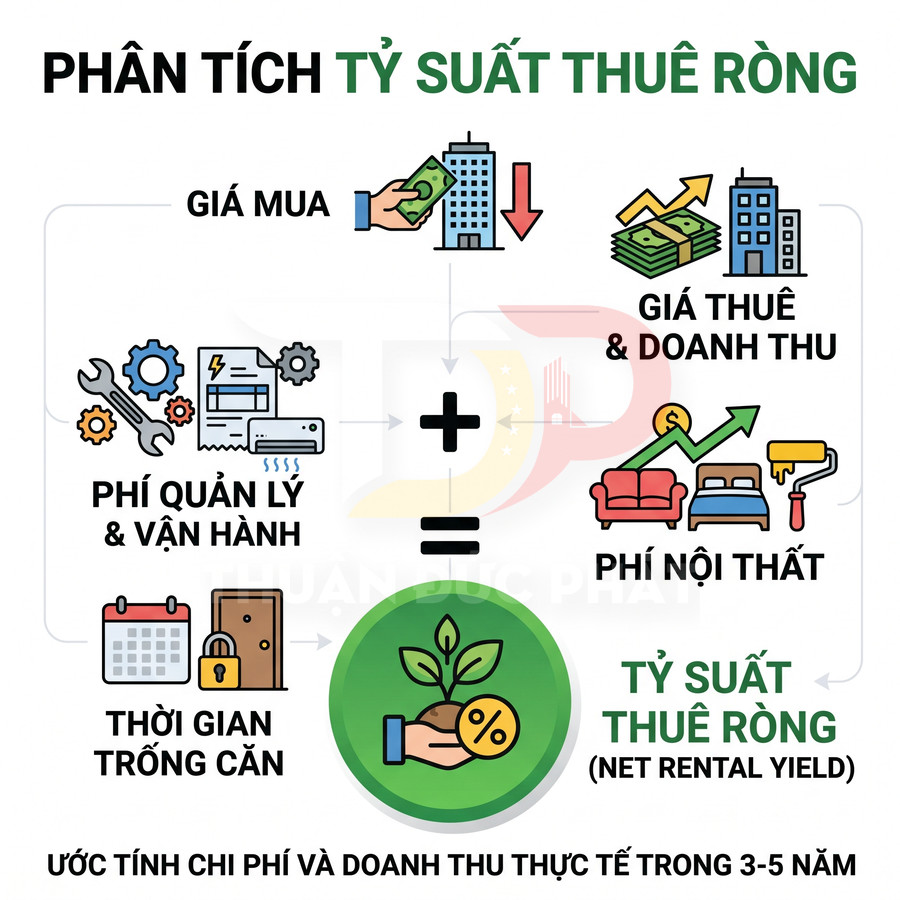 Infographic phân tích tỷ suất thuê ròng bất động sản với các yếu tố giá mua, giá thuê, phí quản lý, phí nội thất, thời gian trống