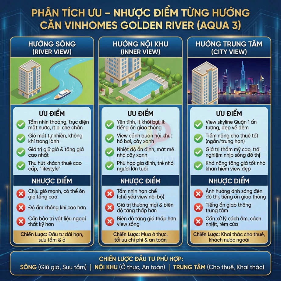 Infographic so sánh ưu nhược điểm các hướng căn hộ Vinhomes Golden River Aqua 3: hướng sông, nội khu và trung tâm
