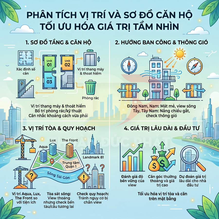 Infographic phân tích vị trí và sơ đồ căn hộ chung cư để tối ưu hóa giá trị tầm nhìn và đầu tư