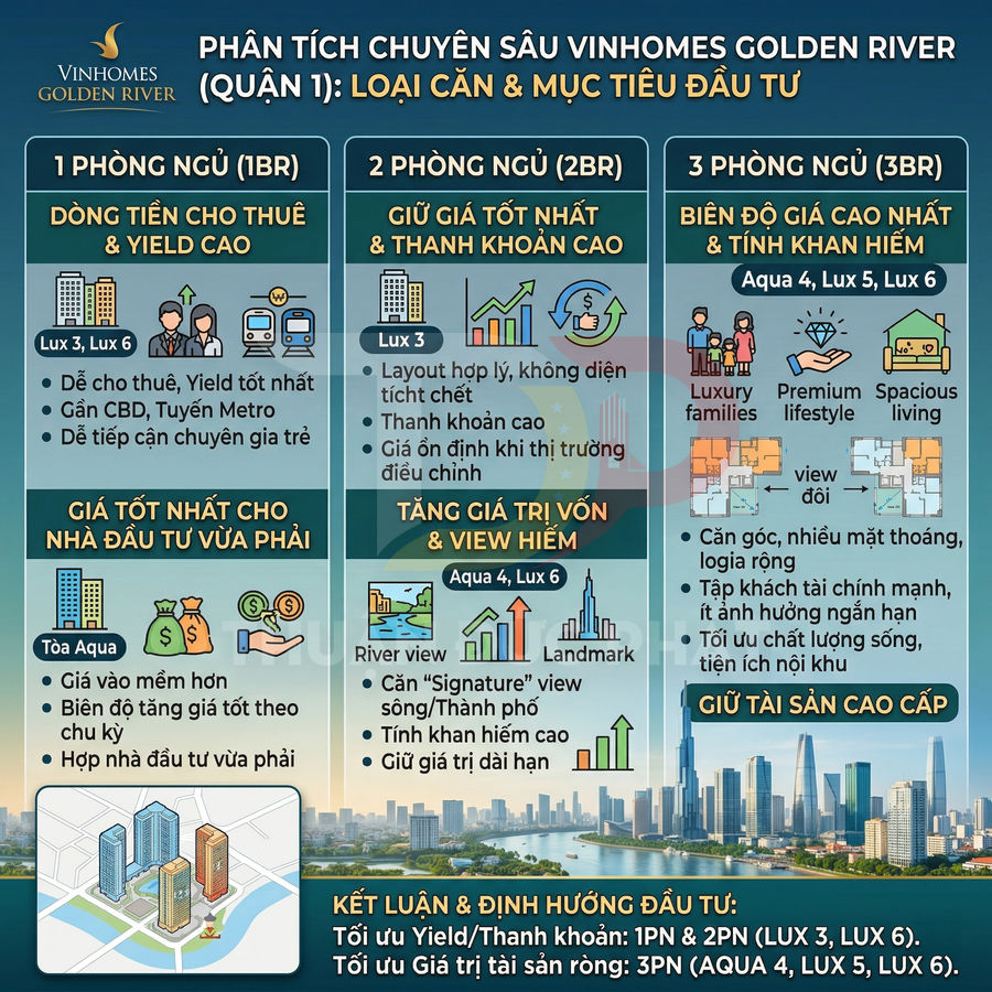 Infographic phân tích loại căn hộ và mục tiêu đầu tư dự án Vinhomes Golden River quận 1