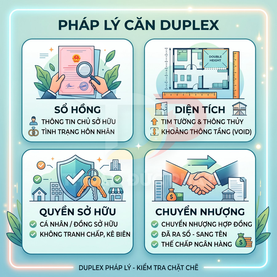 Thông tin pháp lý cần kiểm tra khi mua căn hộ duplex gồm sổ hồng, diện tích, quyền sở hữu và chuyển nhượng