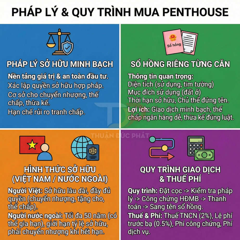 Infographic pháp lý và quy trình mua bán căn hộ penthouse, quyền sở hữu, sổ hồng riêng, hình thức sở hữu và thuế phí