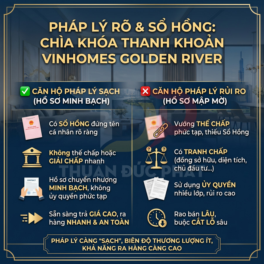 So sánh pháp lý căn hộ Vinhomes Golden River, nhấn mạnh sổ hồng minh bạch giúp thanh khoản nhanh và an toàn