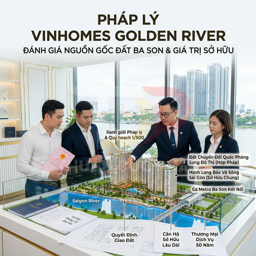 Mô hình dự án Vinhomes Golden River với nhân viên tư vấn pháp lý và khách hàng trao đổi hồ sơ