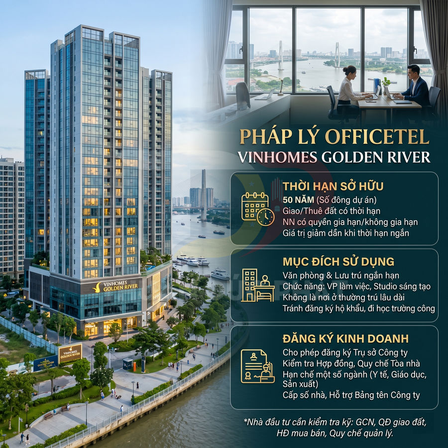Tòa officetel Vinhomes Golden River bên sông Sài Gòn kèm thông tin pháp lý, thời hạn sở hữu và đăng ký kinh doanh