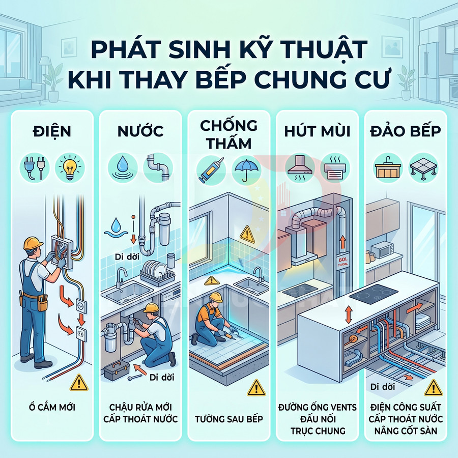 Minh họa các hạng mục kỹ thuật điện nước hút mùi chống thấm và đảo bếp khi cải tạo bếp chung cư