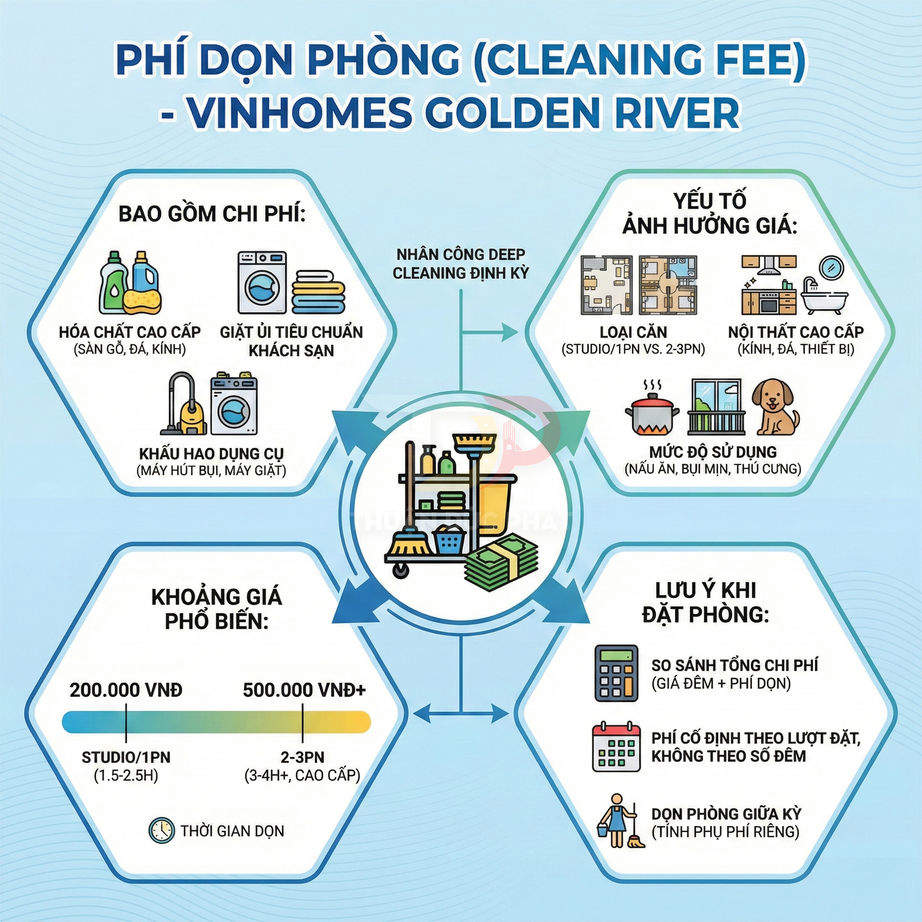 Bảng thông tin phí dọn phòng Vinhomes Golden River với dịch vụ vệ sinh, giặt ủi và khoảng giá tham khảo