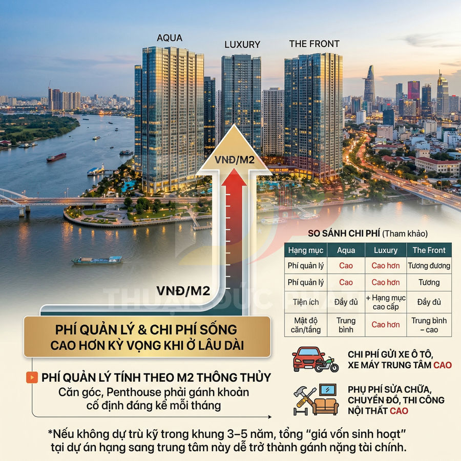 So sánh chi phí quản lý và giá bán căn hộ Aqua, Luxury, The Front bên sông Sài Gòn