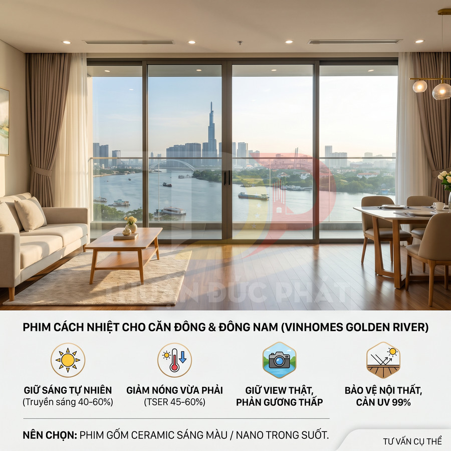 Phim cách nhiệt dán kính cho căn hộ Vinhomes Golden River, giữ sáng tự nhiên và bảo vệ nội thất khỏi nắng nóng