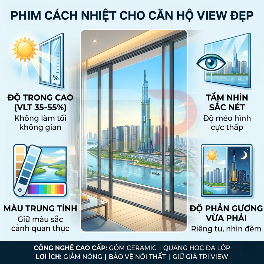 Phim cách nhiệt dán kính căn hộ cao cấp, giữ tầm nhìn rõ, màu trung tính, giảm nóng và bảo vệ nội thất