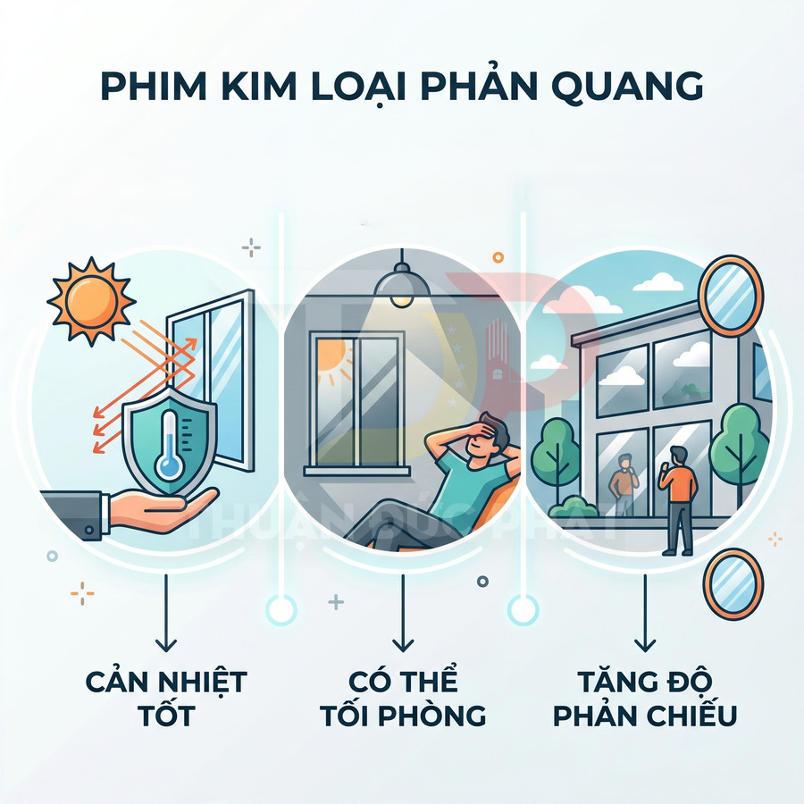 Phim cách nhiệt kim loại phản quang cho cửa kính, cản nắng nóng, làm tối phòng và tăng độ phản chiếu mặt kính
