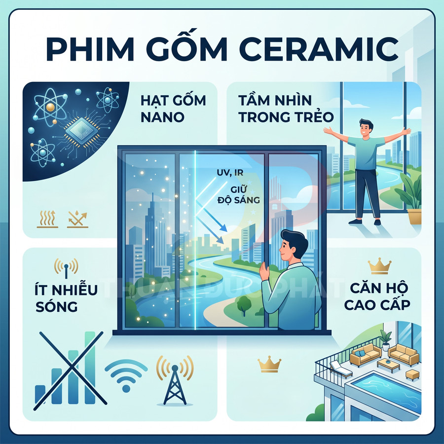 Phim cách nhiệt gốm ceramic dán kính căn hộ cao cấp, tầm nhìn trong suốt, chống tia UV IR và giảm nhiễu sóng