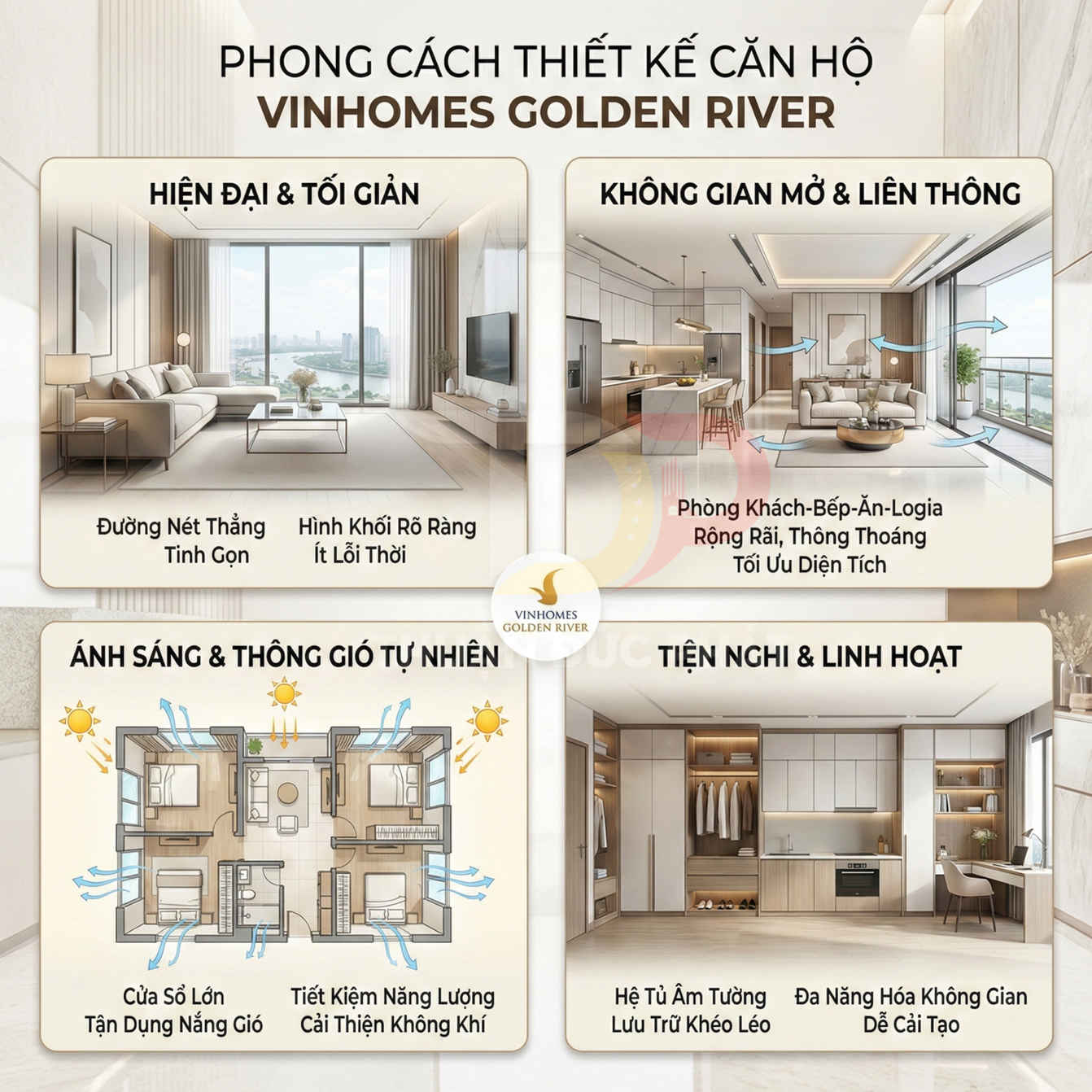 Thiết kế căn hộ Vinhomes Golden River hiện đại tối giản, không gian mở, nhiều ánh sáng tự nhiên và nội thất tiện nghi linh hoạt