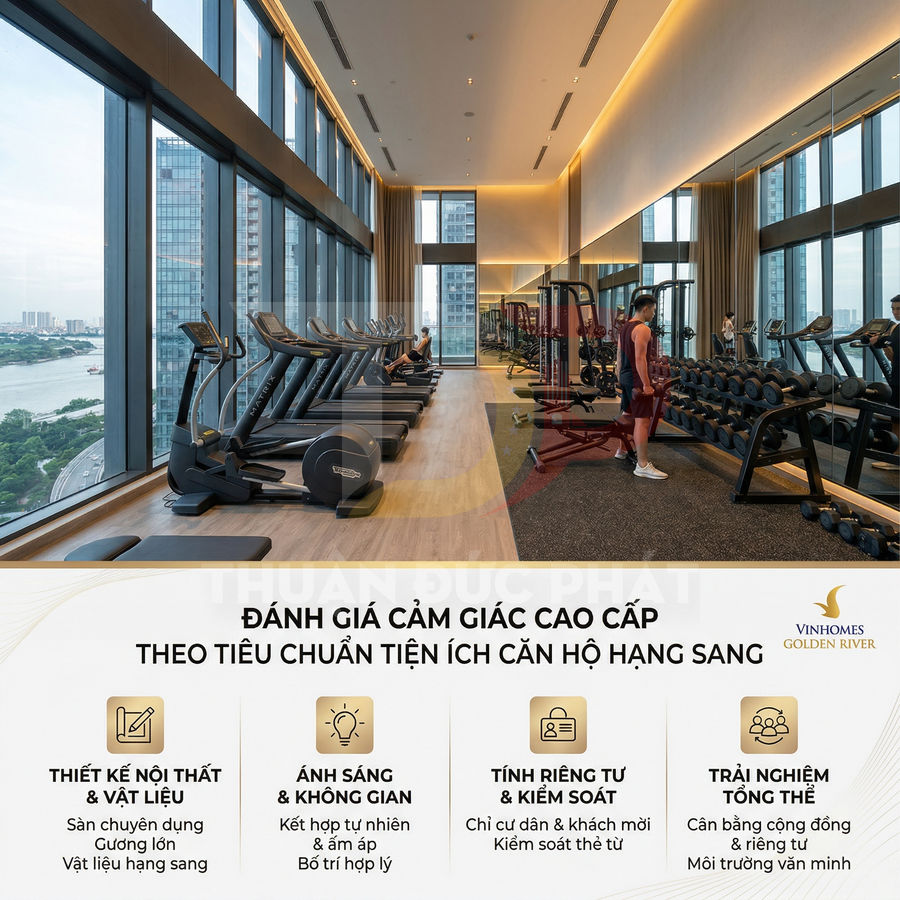 Phòng gym cao cấp tại Vinhomes Golden River với máy chạy bộ, tạ và thiết bị tập hiện đại, view sông và thành phố