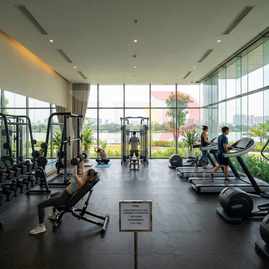 Phòng gym hiện đại với máy chạy bộ, tạ và thiết bị tập luyện cạnh cửa kính nhìn ra cảnh quan xanh