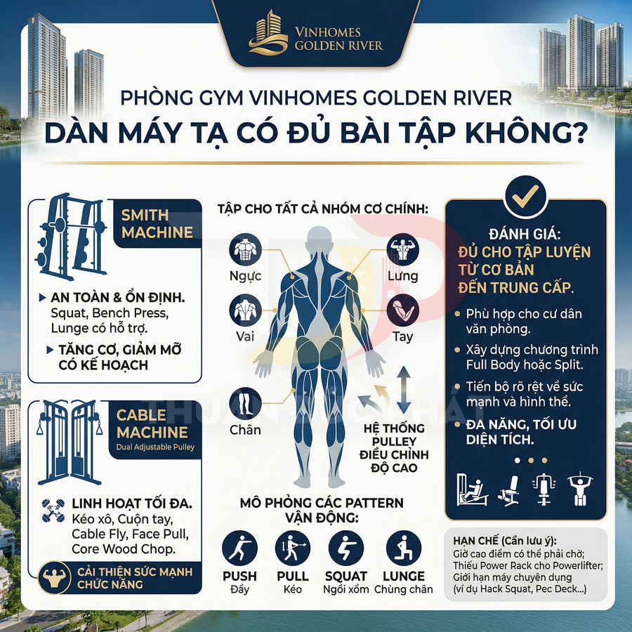 Phòng gym Vinhomes Golden River với hệ thống máy tạ, cable machine và smith machine tập toàn thân