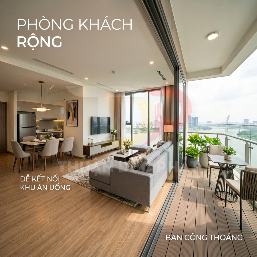 Phòng khách chung cư hiện đại liền kề bếp, sofa xám hướng ra ban công rộng nhiều cây xanh và view sông