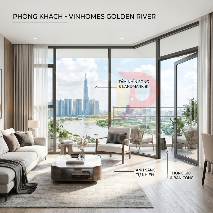 Phòng khách căn hộ Vinhomes Golden River hiện đại, nhiều ánh sáng, view sông Sài Gòn và Landmark 81 qua cửa kính rộng