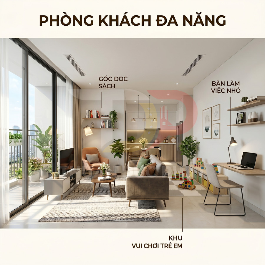 Phòng khách đa năng hiện đại với sofa, góc đọc sách, bàn làm việc nhỏ và khu vui chơi trẻ em cạnh ban công sáng
