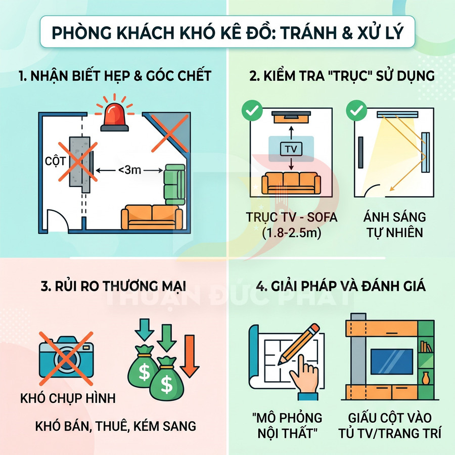 Infographic hướng dẫn bố trí nội thất phòng khách khó kê đồ, tránh góc chết và tối ưu trục TV sofa