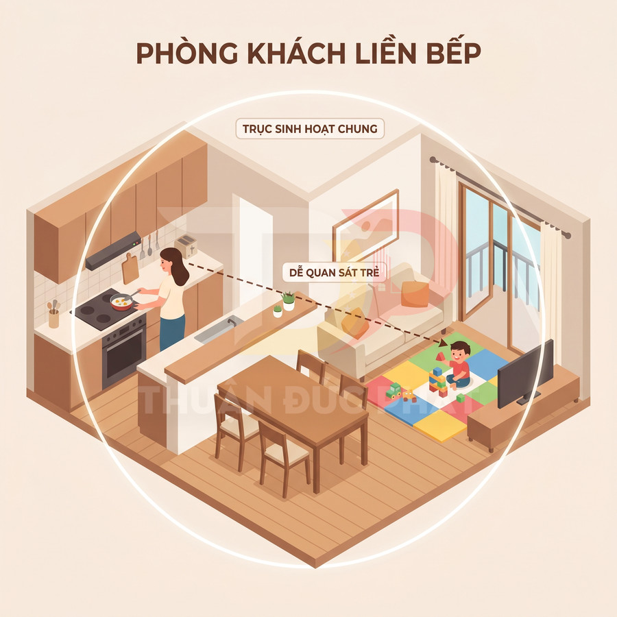 Mô hình phòng khách liền bếp hiện đại, mẹ nấu ăn có thể quan sát con chơi trên thảm cạnh tivi
