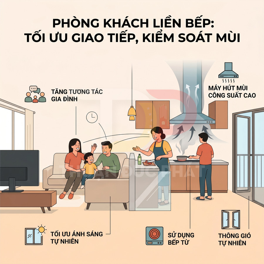 Phòng khách liền bếp hiện đại với gia đình quây quần, bếp từ và máy hút mùi công suất cao, cửa kính đón sáng tự nhiên