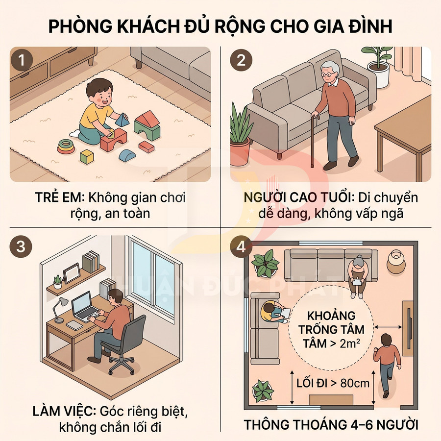 Minh họa phòng khách rộng cho gia đình với khu chơi trẻ em, lối đi an toàn cho người già và góc làm việc riêng
