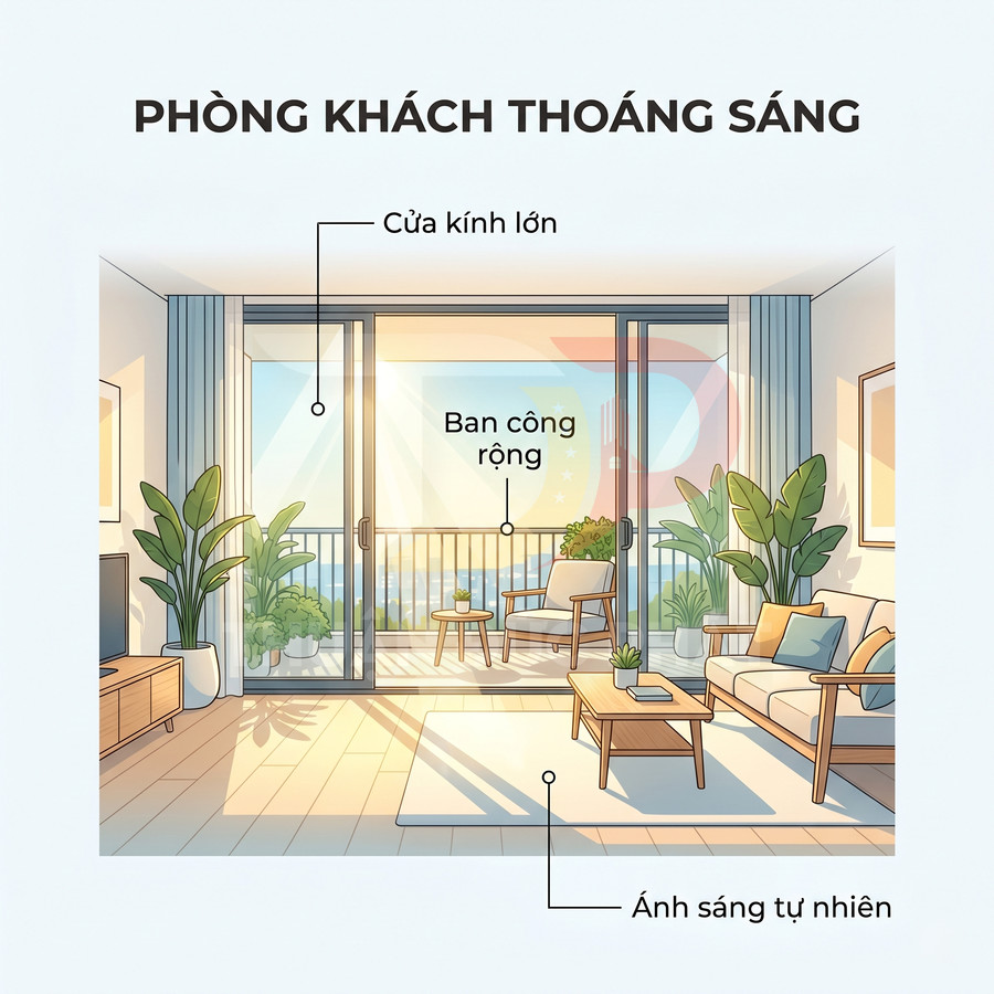 Phòng khách hiện đại với cửa kính lớn mở ra ban công rộng, nhiều cây xanh và ánh sáng tự nhiên tràn ngập