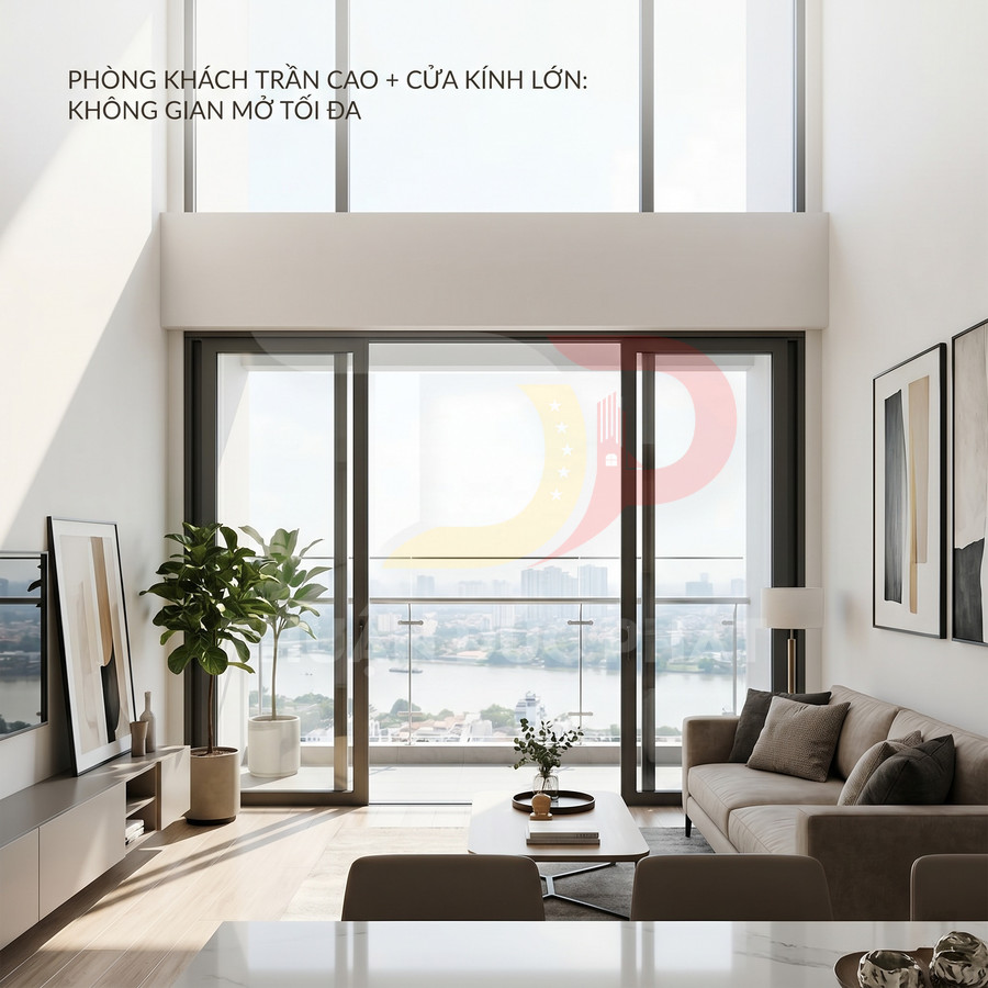 Phòng khách trần cao với cửa kính lớn nhìn ra ban công, nội thất hiện đại tông sáng và sofa vải sang trọng