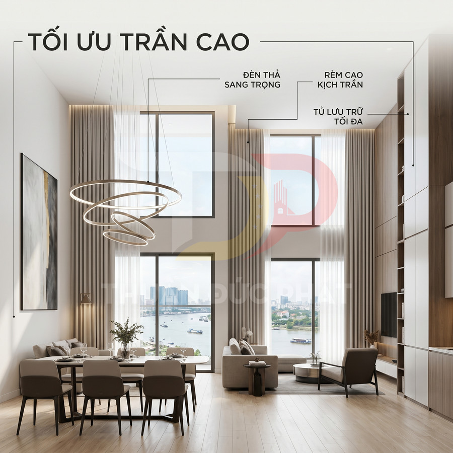 Phòng khách trần cao hiện đại với đèn thả sang trọng, rèm cao kịch trần và tủ lưu trữ âm tường tối đa không gian