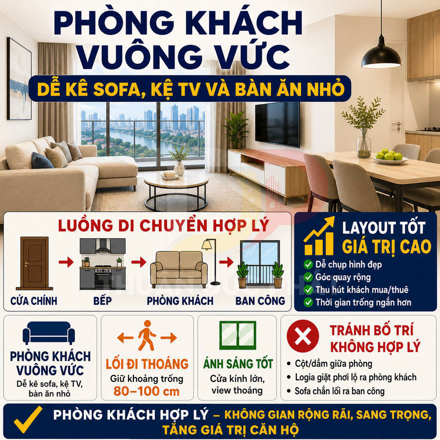 Phòng khách vuông vức với sofa, bàn trà, kệ TV và bàn ăn nhỏ cạnh bếp, cửa kính lớn nhìn ra ban công