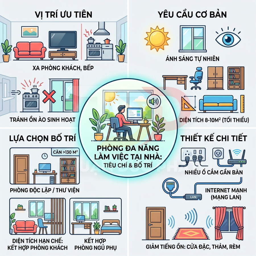 Minh họa tiêu chí bố trí phòng làm việc tại nhà đa năng với bàn ghế, máy tính, cây xanh và ánh sáng tự nhiên