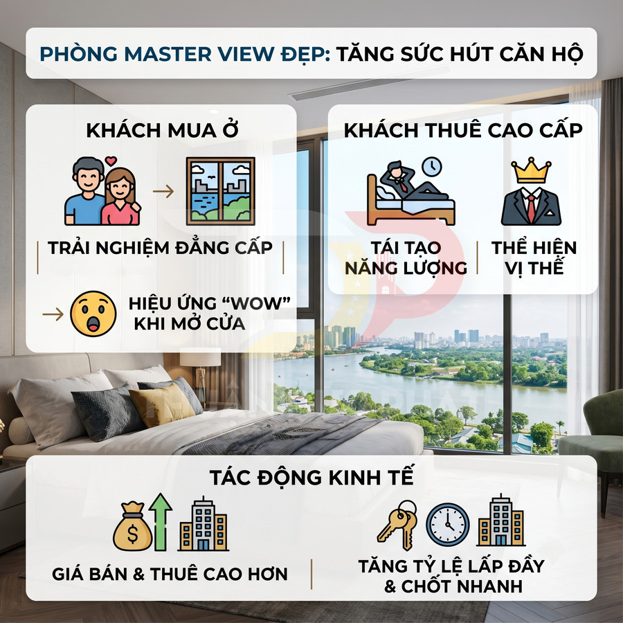 Phòng ngủ master căn hộ cao cấp với cửa kính lớn view sông và infographic lợi ích kinh tế, trải nghiệm khách mua và thuê