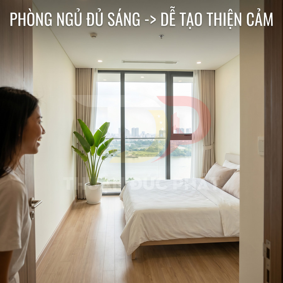 Phòng ngủ sáng sủa với giường đôi ga trắng, cửa kính lớn nhìn ra sông và chậu cây xanh cạnh cửa sổ