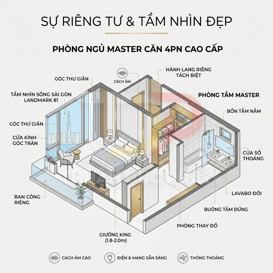 Thiết kế phòng ngủ master căn hộ cao cấp 4 phòng ngủ với ban công riêng và phòng tắm master tiện nghi