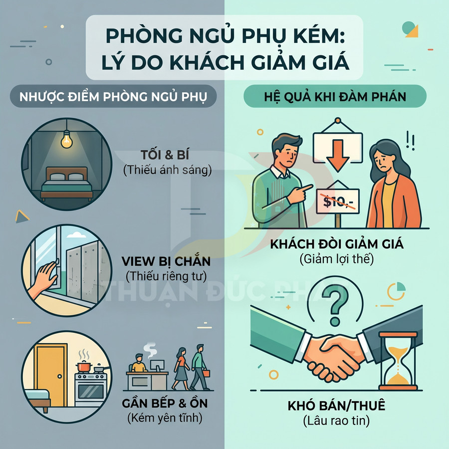 Infographic nhược điểm phòng ngủ phụ tối bí, view bị chắn, gần bếp ồn khiến khách đòi giảm giá và khó bán hoặc cho thuê nhà