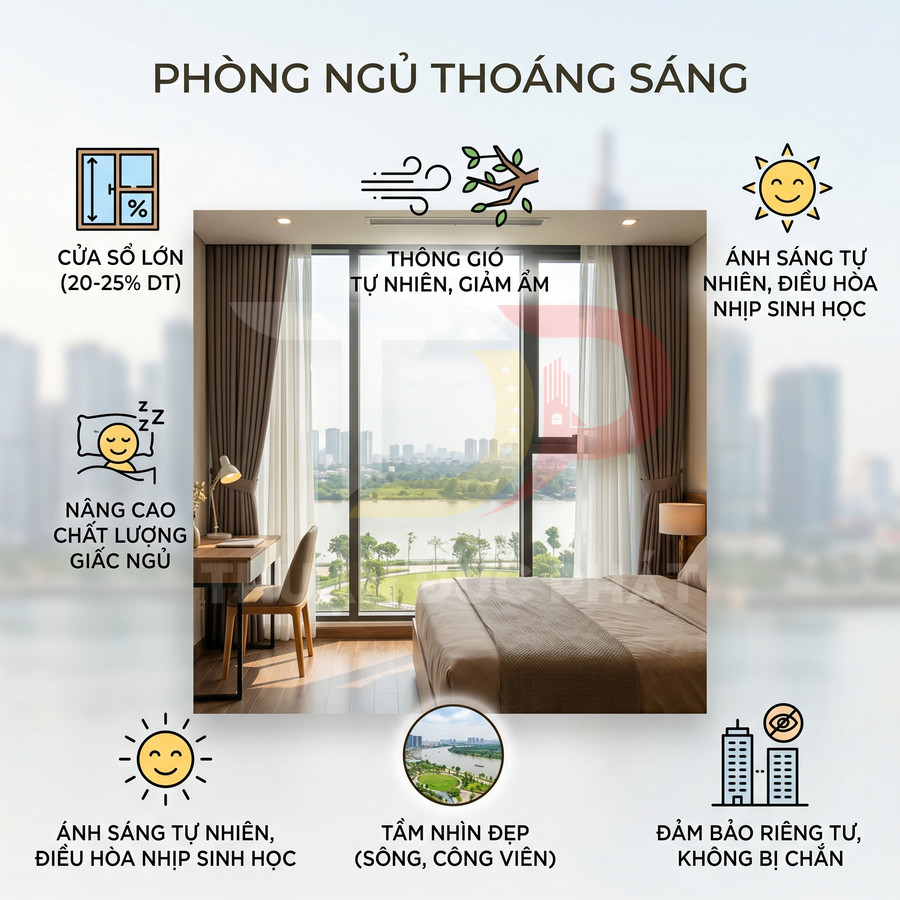 Phòng ngủ thoáng sáng với cửa sổ kính lớn nhìn ra sông và công viên, giường đôi và bàn làm việc gọn gàng